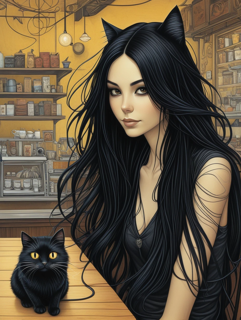 Woman long black hair at a cafe with a cat