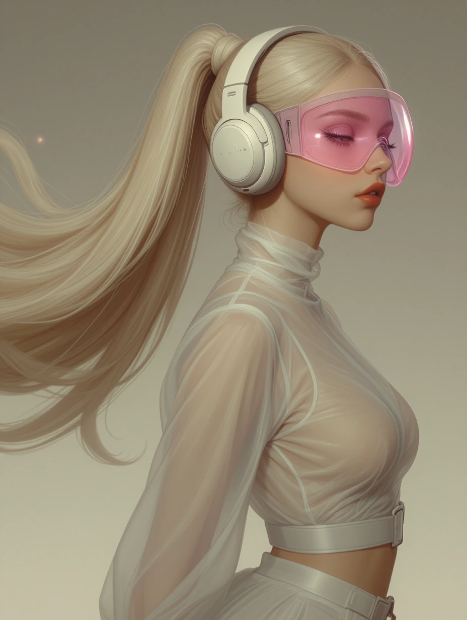 A close-up side profile portrait of a young woman with ethereal fair skin, sharp elegant features, and extremely long flowing platinum blonde hair pulled into a high sleek ponytail that streams dynamically behind her. Her expression is serene and eni
