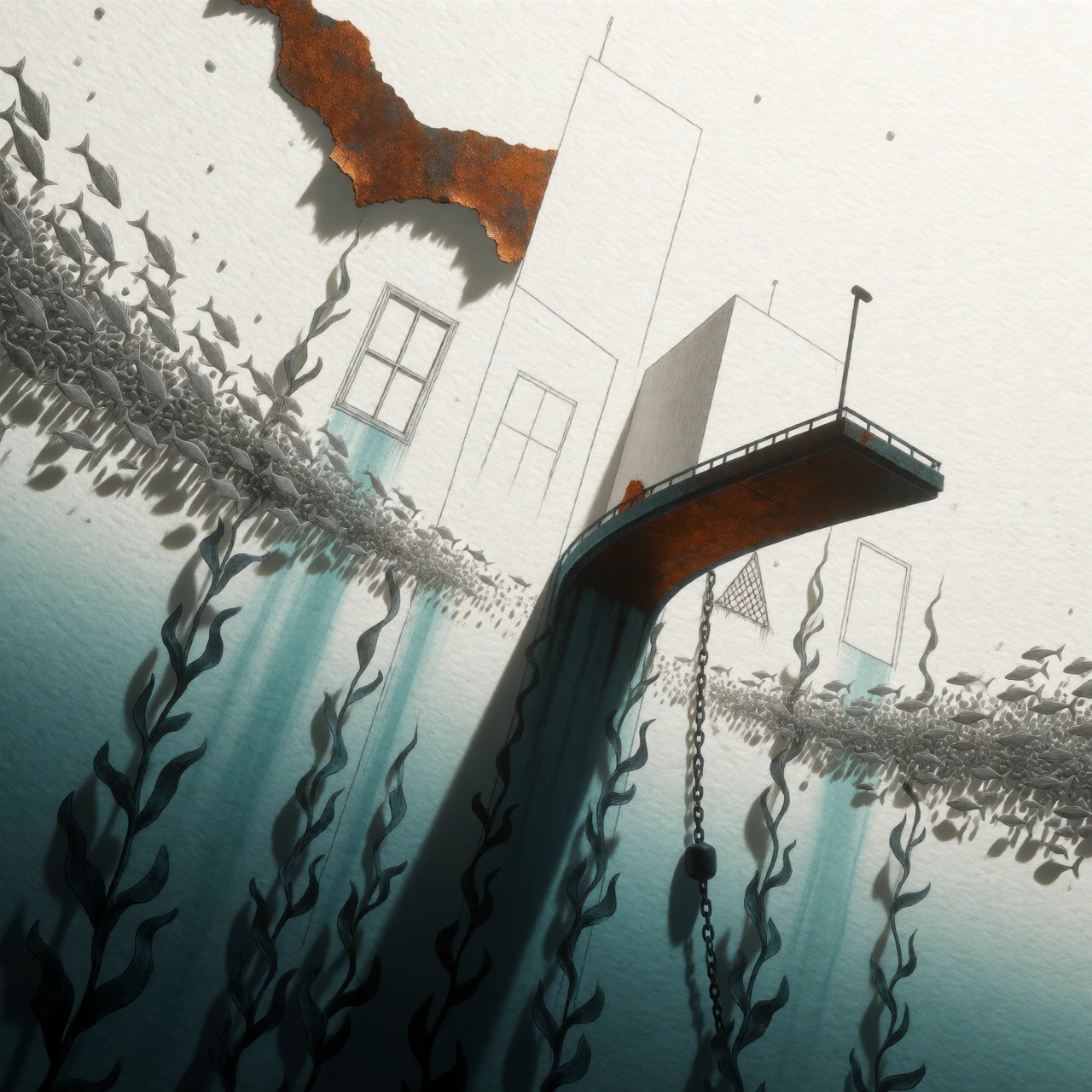 zidiusArt, A sprawling, submerged cityscape rendered on coarse cold-pressed paper where the surface remains mostly untouched to reveal raw fibers and heavy grain is viewed from a slightly elevated angle looking down at the city beneath waves as gray
