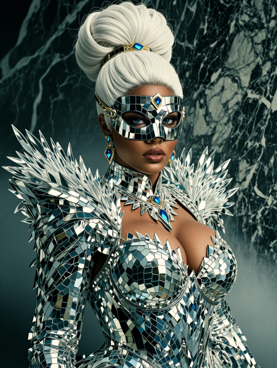 Ultra-Curvy, ebony skin, white elaborate high ponytail hair, blue eyes, costume made from reflective mirror & crystal shards, beautiful, Superstar supermodel, actress. Mirror visor mask with a golden headband set with a single blue jewel. Scene marbl
