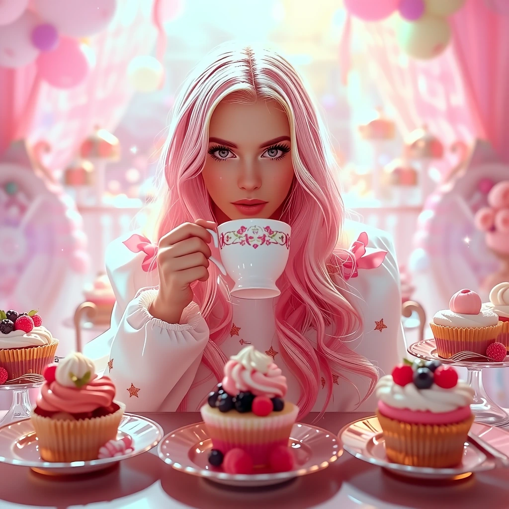 high-fashion editorial photoshoot of an instagram influencer girl with long blonde hair and pink streaks, wearing all pastel colors and holding her teacup up to take the first sips, surrounded by multiple cakes covered in berries and cupcakes on silv