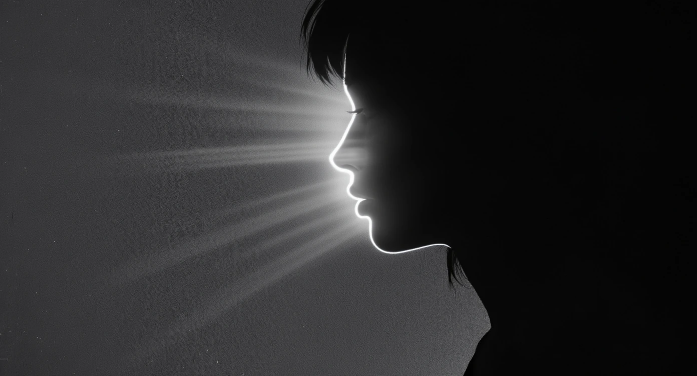 in the style of chargen_stylised_illustration image of A woman in profile view, thin rim light outlining her nose, lips, and jawline, rest of the fram