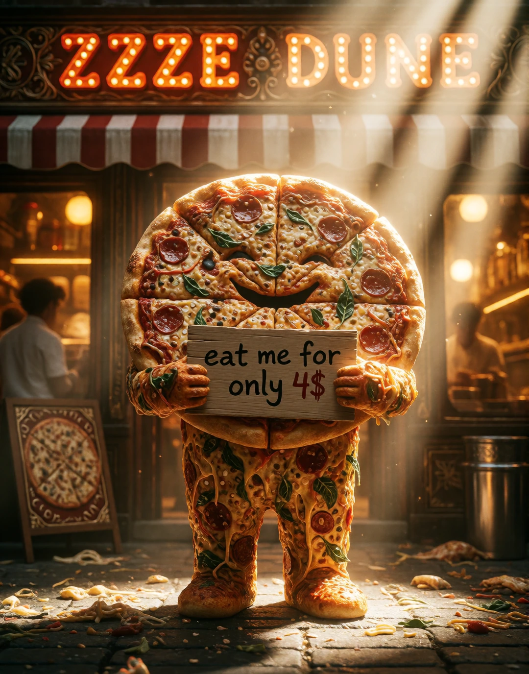 A human-like pizza standing in front of a pizze place, happy, holding a sign with « eat me for only 4$ »