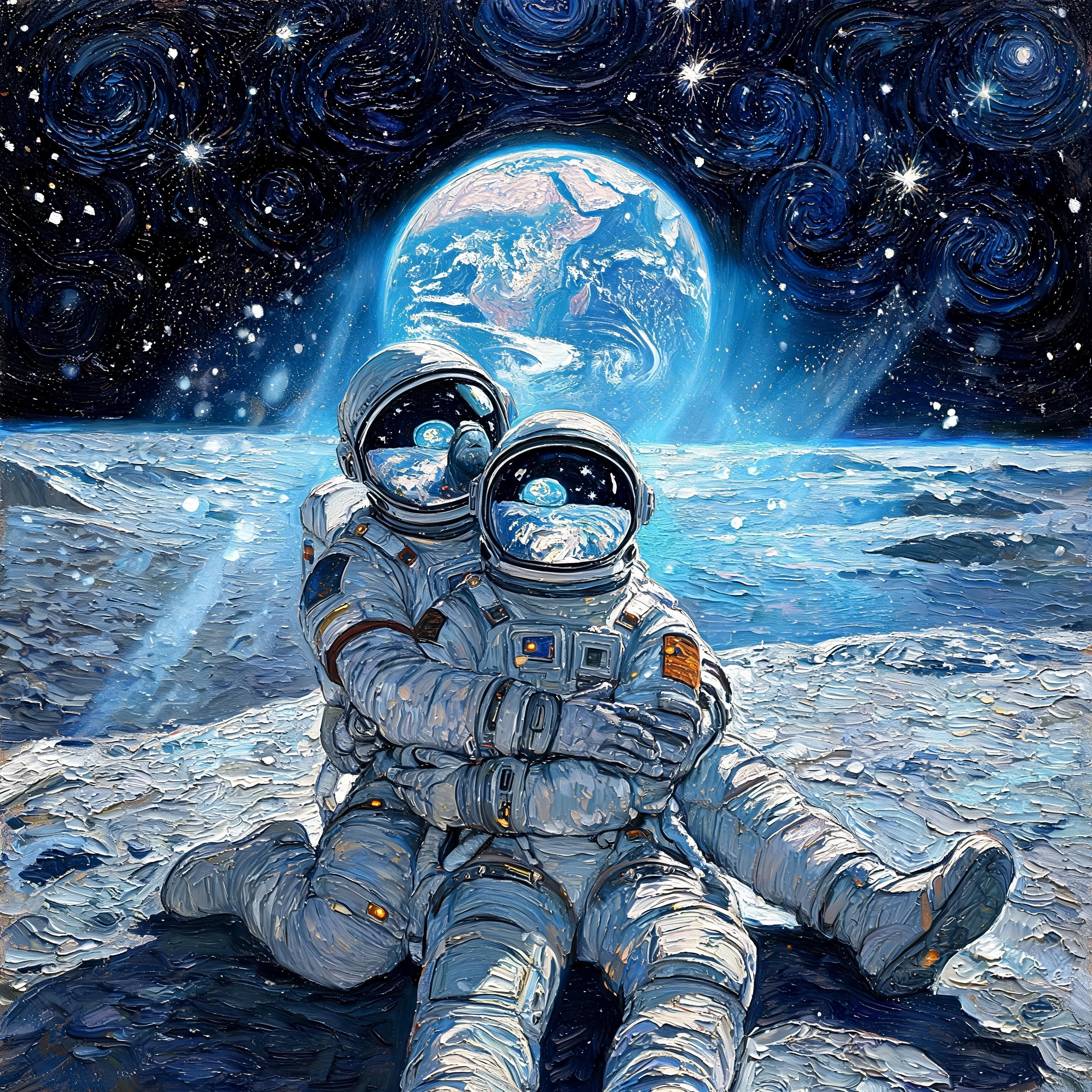 Two astronauts stranded on lunar surface, intimate tender moment, woman seated between man's legs, man embracing her from behind, both facing camera, 