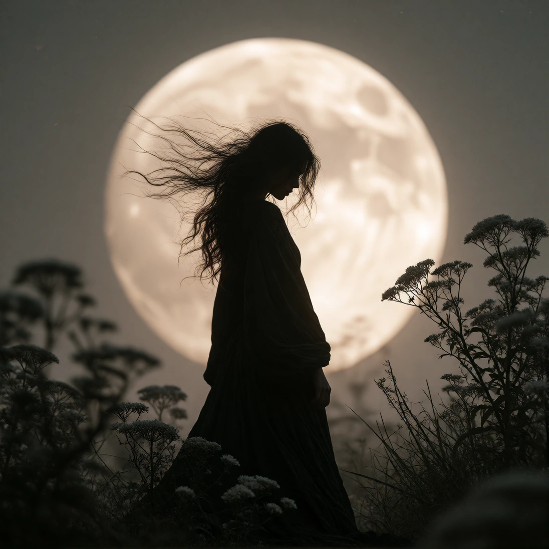 1girl, solo, mysterious young woman, long messy wavy dark hair flowing in the wind, silhouette figure, standing in profile threequarter view, head slightly tilted downward, contemplative pose, full body, long dark flowing dress or cloak, hands relaxe