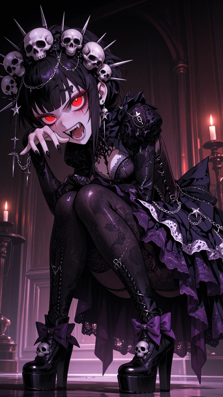 Anime-style gothic vampire girl, intense expression with open mouth showing sharp fangs, striking glowing red eyes, pale skin, long dark hair, ornate 