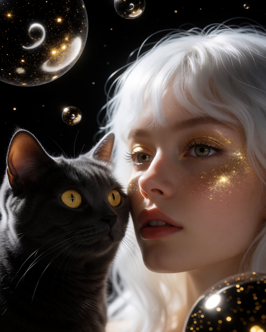 ultra, realistic, gold flecks, shiny black universe scene, sci-fi, beautiful woman white hair with her cat close-up space view, golden black planets, wearing glittery gold blush