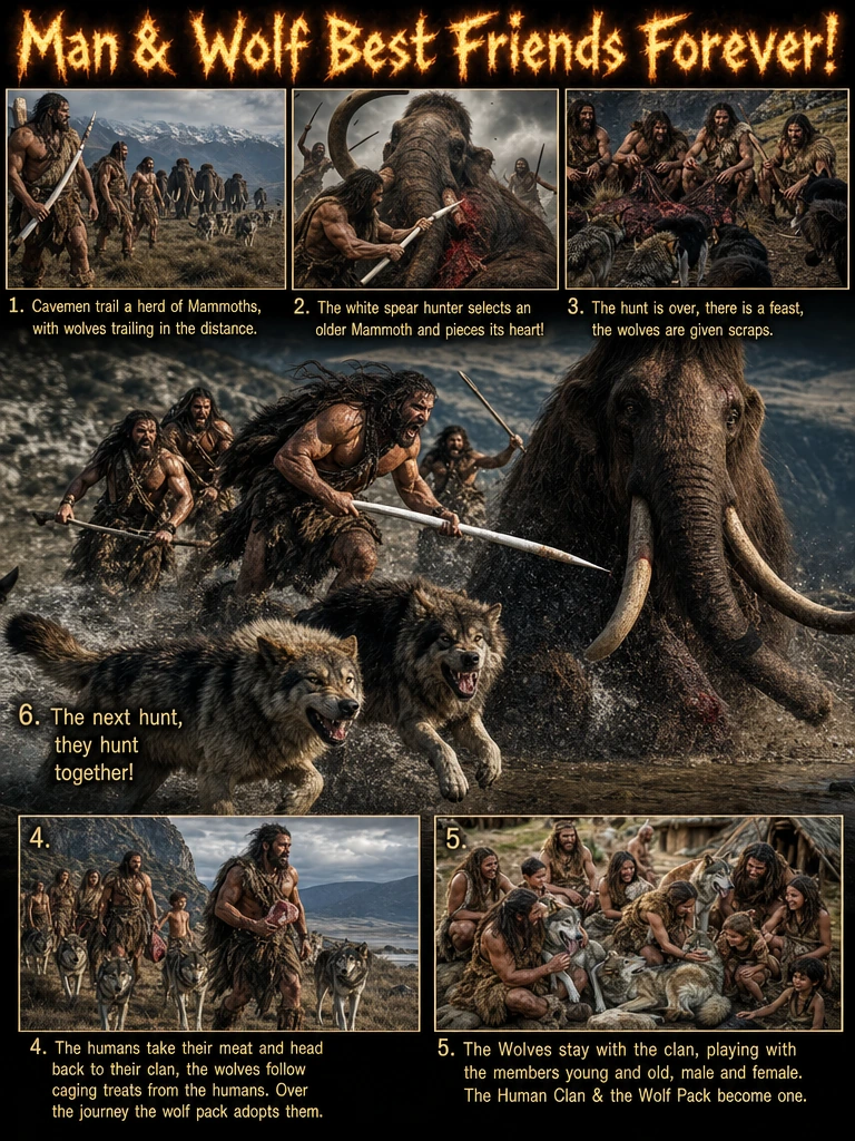 Wolf Companions; (Montage of Man and Wolf becoming friends forever). Please arrange the numbered scenes so that 6. the hunt together is the main image and forms the background. Scenes 1-3 are inset at the top of the image and 4 & 5 are inset at the b