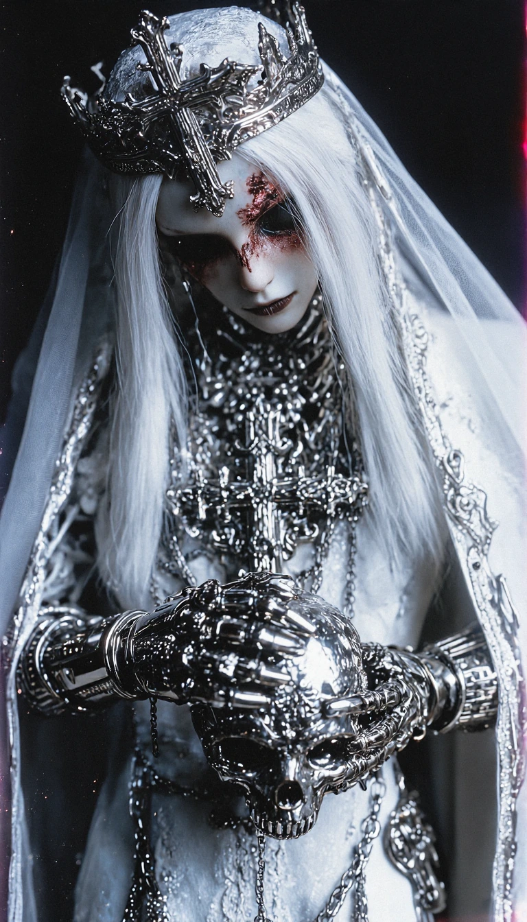 A hyper-detailed, ethereal portrait of a gothic, celestial, king-like figure. The scene features a pale-skinned male BJD doll with long, flowing white hair, half-concealed by a delicate white sheer veil and a massive, intricate dark metal cross and c