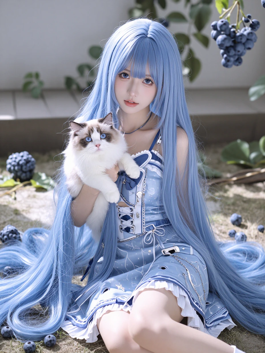 Beautiful woman, long straight blue hair with bangs, with a cat, blueberry aesthetic , blueberries everywhere, minidress