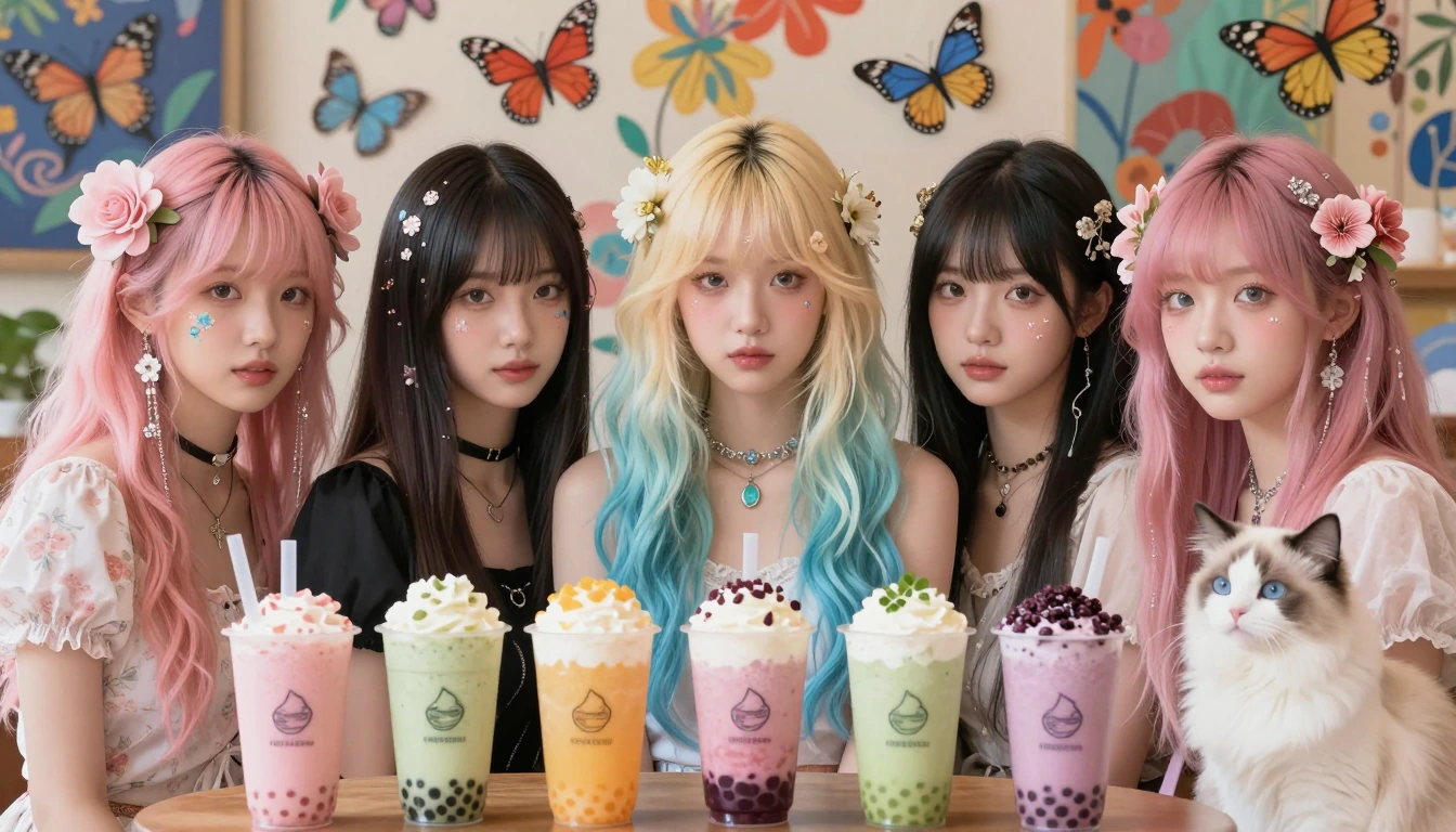 weirdcore two floralpunk women variety of hairstyles and colors and cats in front of colorful boba drinks, light pastel ombre hair, artsy folk art background, butterflies overhead, photo realistic anime style, airbrush, artgerm