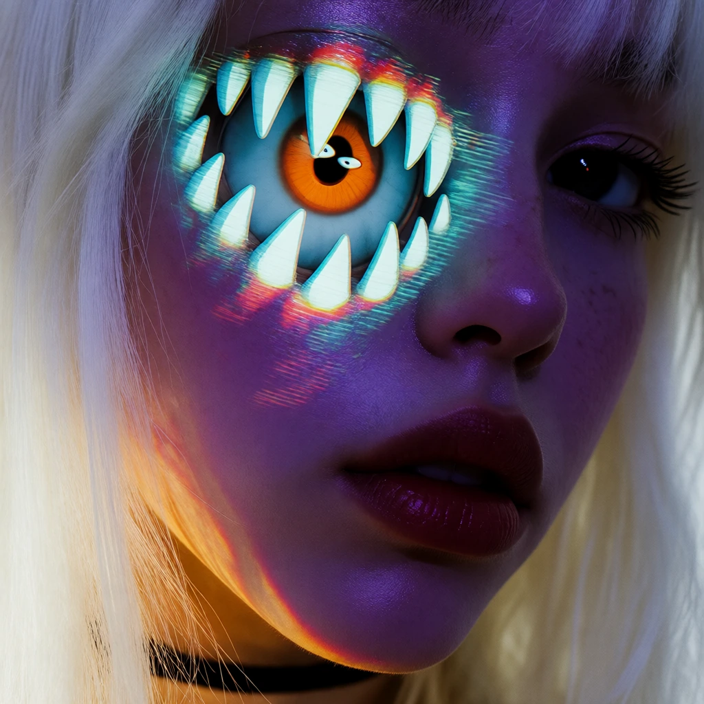 an extreme close-up portrait fragment of a young woman with platinum white-blonde hair filling the entire frame at a slight tilt, skin saturated with a deep iridescent purple-violet base overlaid with shifting holographic color interference creating