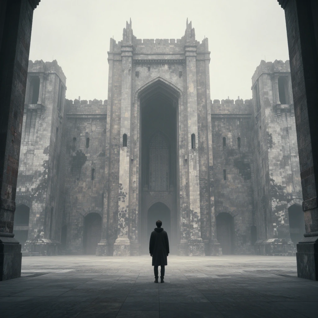 a solitary figure in a plain coat standing in the middle distance, facing a massive castle that recedes impossibly far, brutalist and geometric, lit b