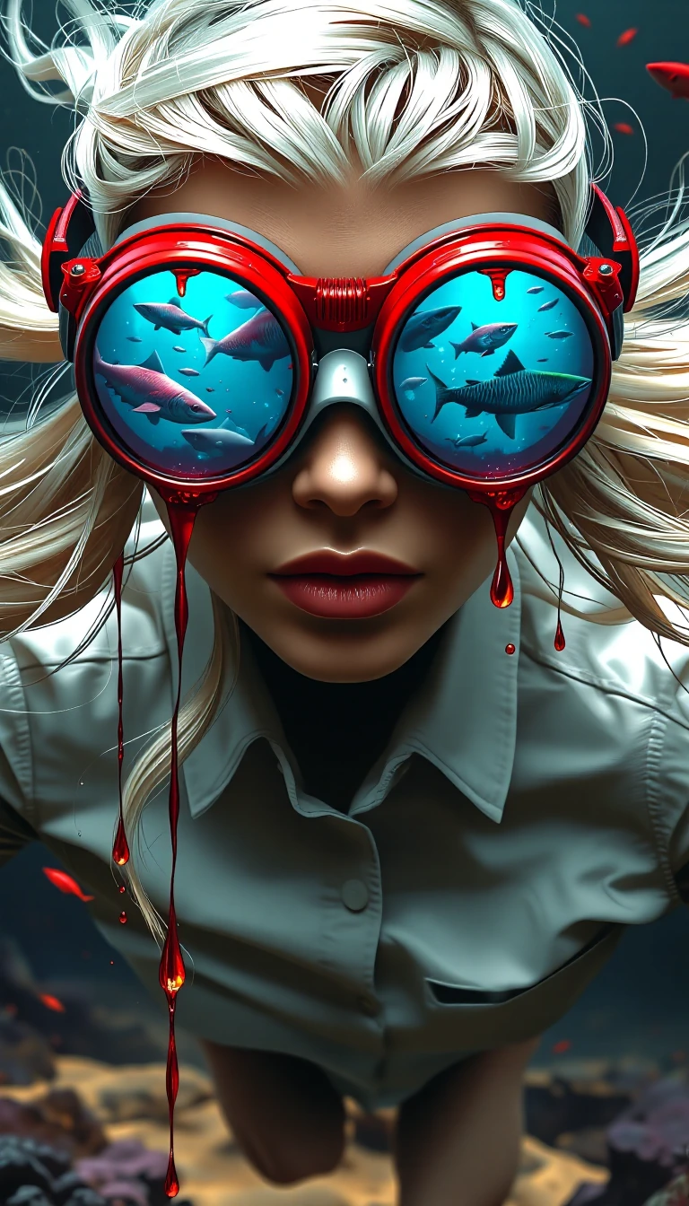Digital painting of a (young woman with flowing platinum blonde hair suspended weightlessly in a void), strands drifting like submerged kelp in zero gravity, her (vivid red diving goggles, dripping red liquid , framing circular viewports that reveal