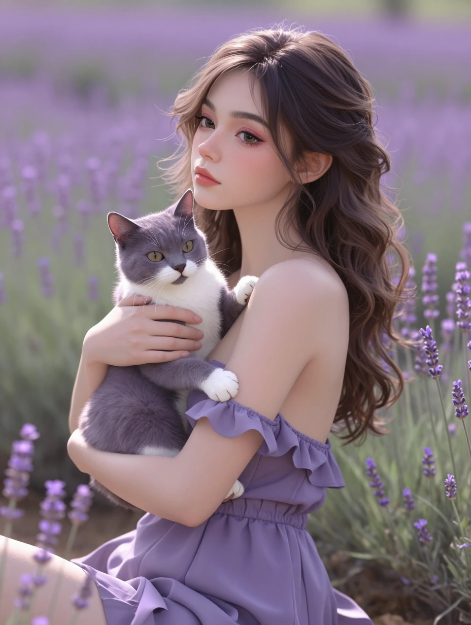 Lavender haze, lavender woman, lavender cat, beautiful calm spring