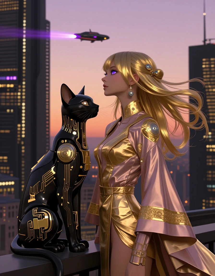 In a futuristic cityscape bathed in the twilight hues of black, gold, and mauve, a woman with flowing metallic gold hair stands beside a sleek, cybernetic cat. Her eyes reflect the neon lights of the distant skyline, while her attire blends tradition