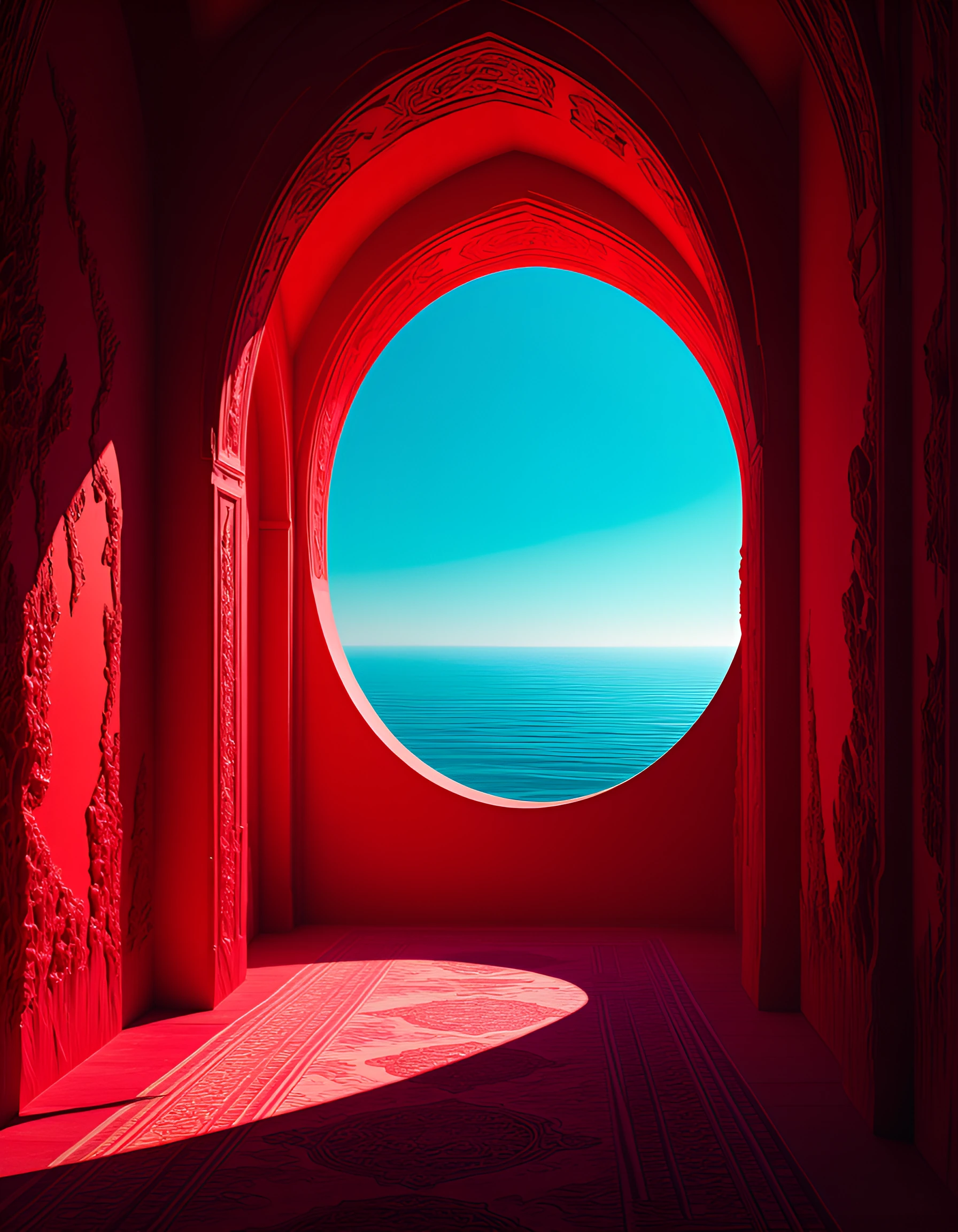 # Crimson Serenity A striking red architectural passage frames an azure seascape. Vibrant coral walls enclose the corridor, their textured surface glo
