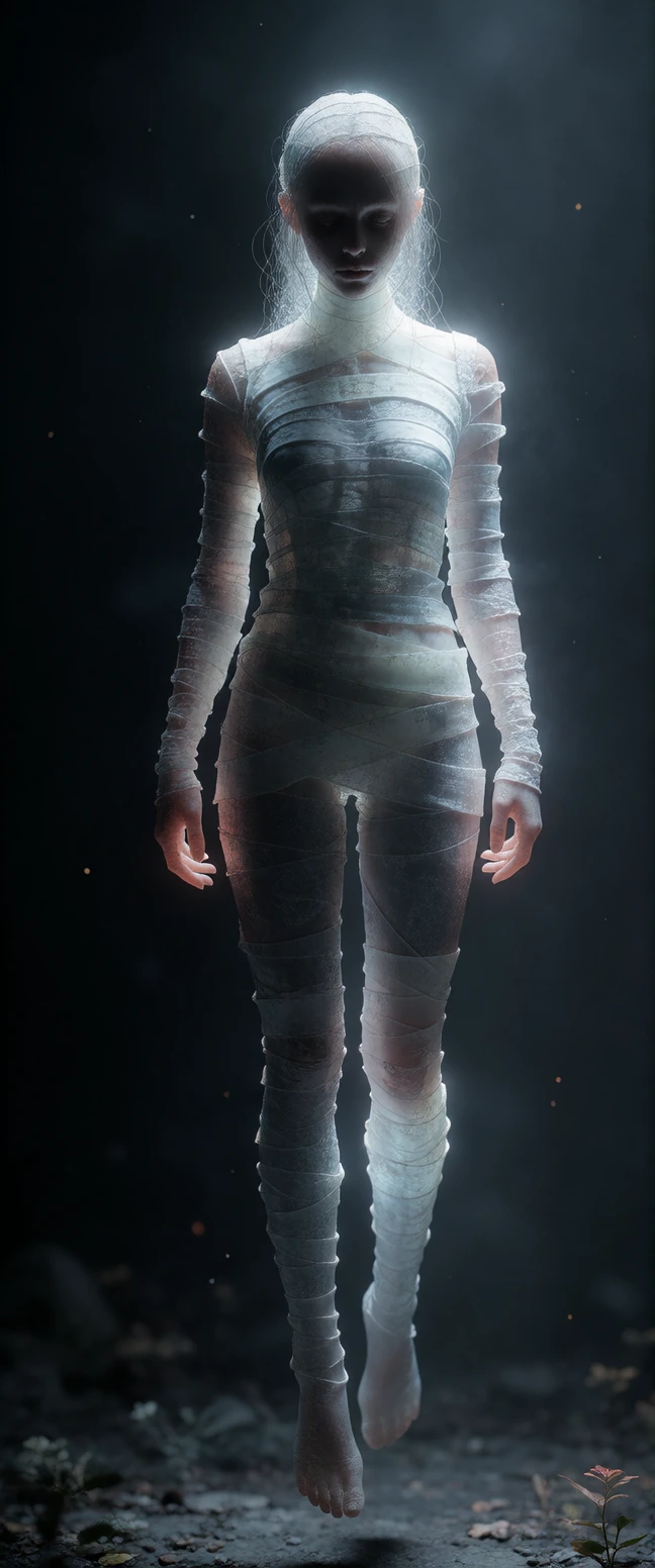 A semi-translucent, ethereal figure in a dark, surreal, dreamlike void. Details: - The figure has a hauntingly beautiful face wrapped in faint bandages that pulsate and glow. - Incorporate luminous, shimmering threads that symbolize both constraint a