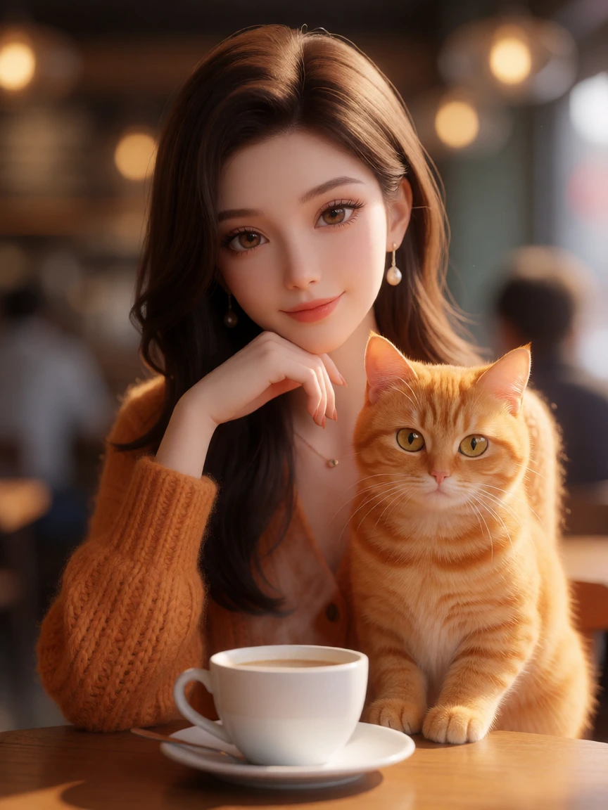 Elegantcore Orange Woman at a café, airbrushed, beautiful 3-D style