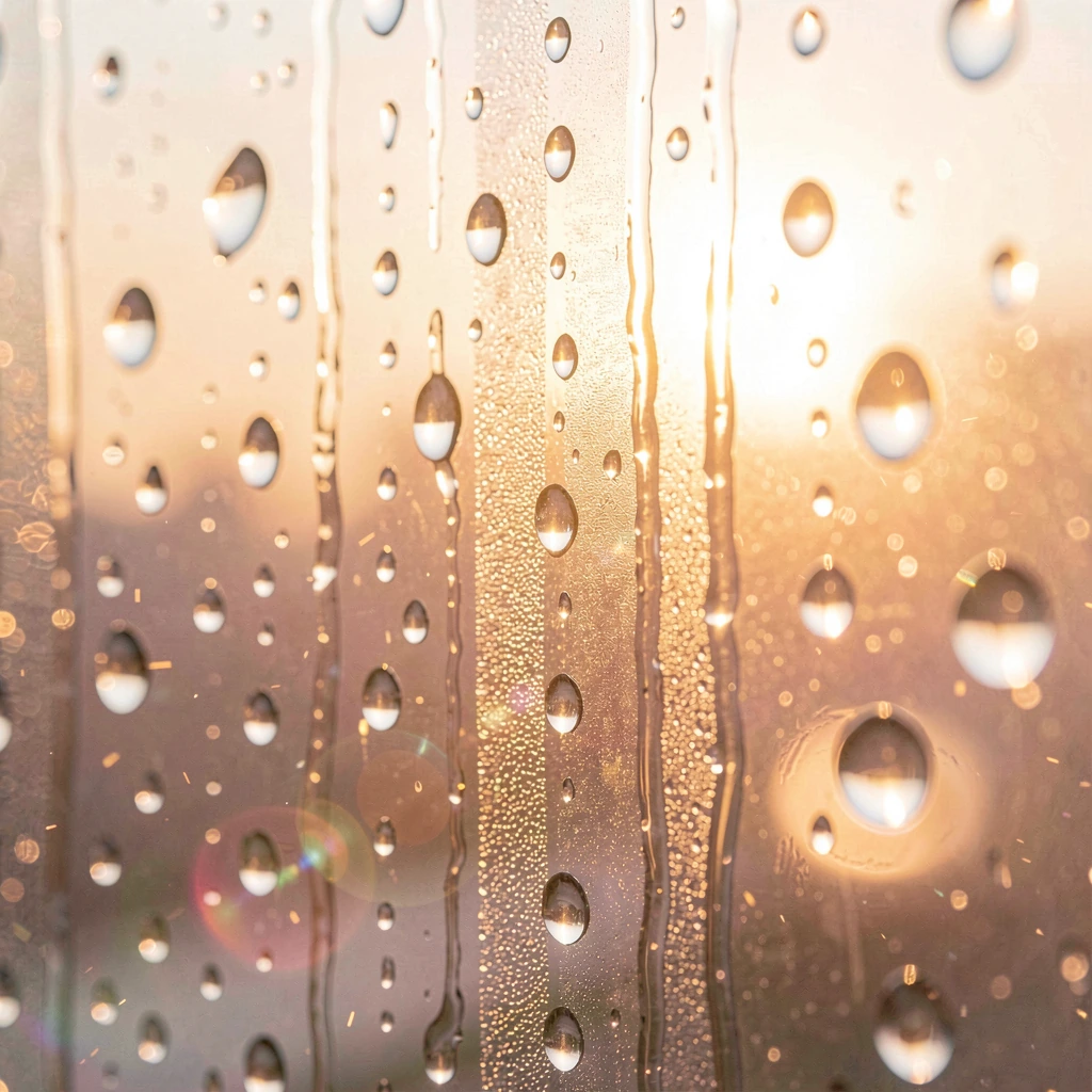 intimate close-up of raindrops on a windowpane catching the soft golden light of dawn, each water droplet acting as a tiny prism, refracting warm amber and rose-gold rays, delicate bokeh of blurred morning light in background, glass surface with cond