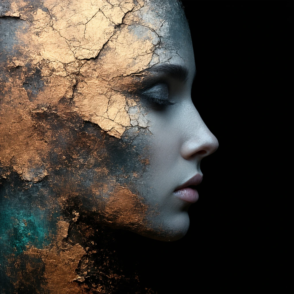 A vertical portrait of a human face in profile, viewed from the right, blends harmoniously into a vast abstract texture composed of weathered surfaces