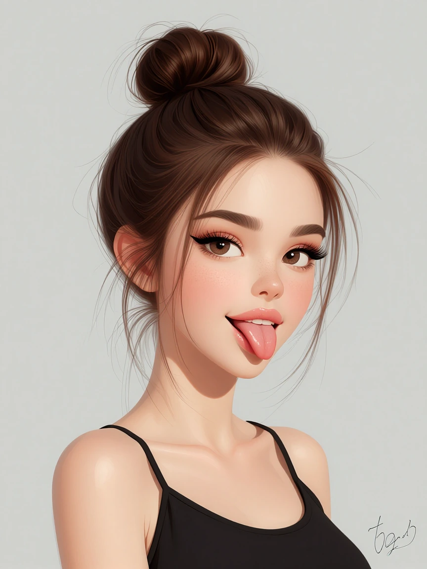 Mirrorize caricature style. A digital illustration of a young woman with a playful expression, sticking her tongue out. She has fair skin, brown hair tied up in a messy bun, and large, expressive eyes. She is wearing a black tank top, and the backgro