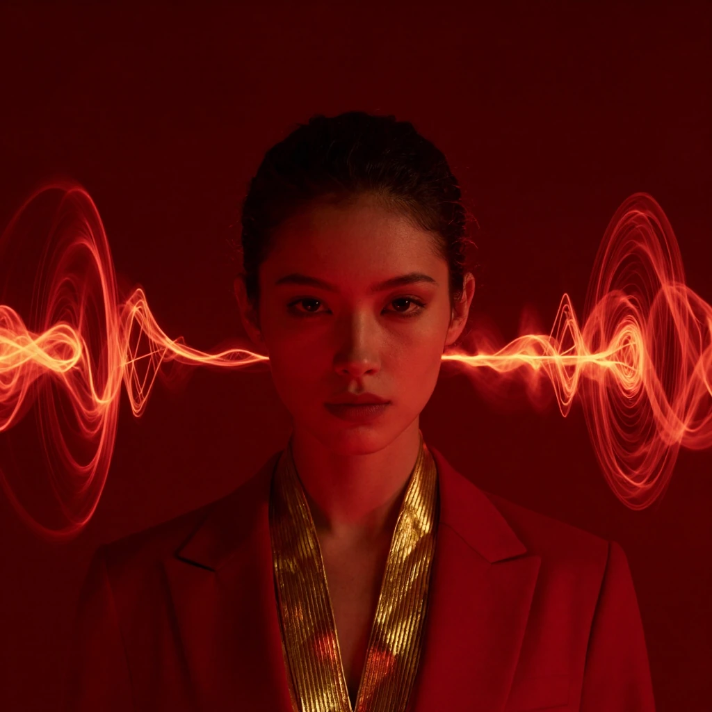Halo surrounded by hot rod red and gold tones. Deep crimson reds with rich gold accents, like fire and metal. Same ethereal presence, dark knowing eyes, soft features. Sound waves and geometric patterns flowing in red and gold light. Cinematic, moody