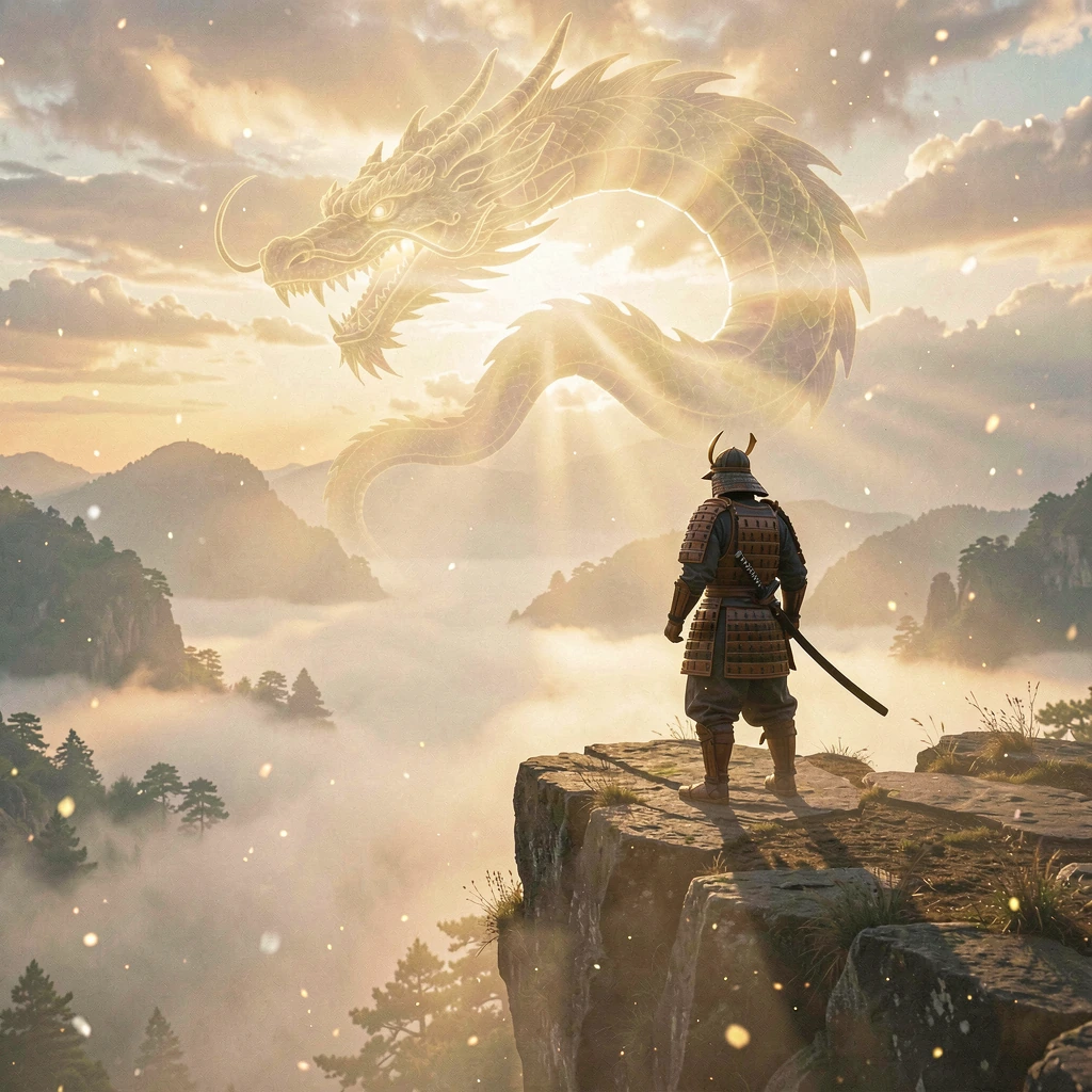 A lone samurai warrior stands solitary at the precipice of a misty cliff at dawn, silhouetted against the breaking light. Morning fog rolls through the valley below in ethereal waves. Above in the luminous clouds, the ghostly outline of an ancient dr