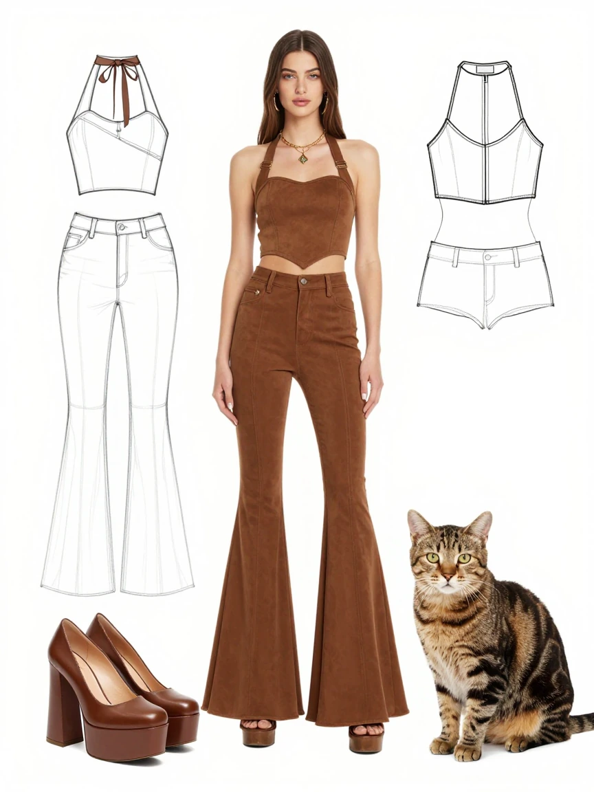 Luxury fashion blueprint. 70s style bellbottoms, halter top platform shoes. With a cat.