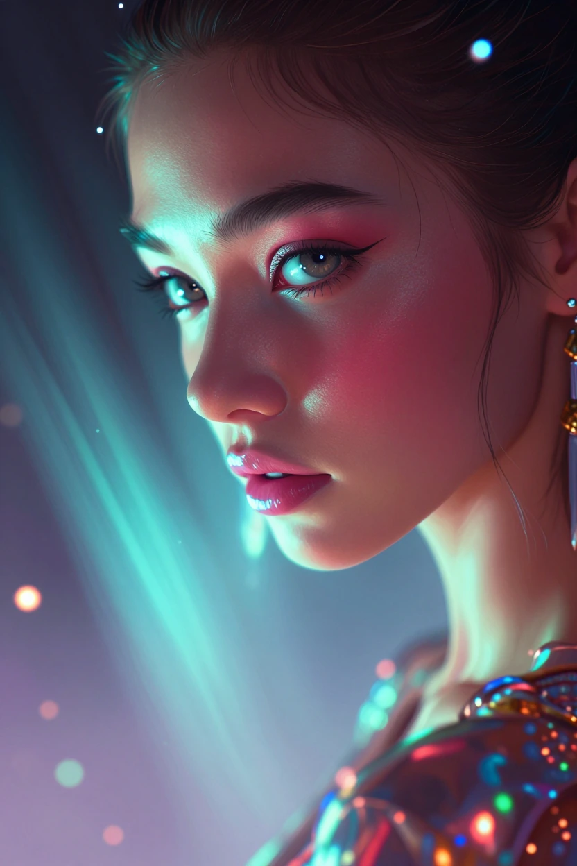 extreme close-up portrait, shallow depth of field bokeh, anamorphic lens flares scattered across frame, volumetric atmospheric haze, neon cyan and mag