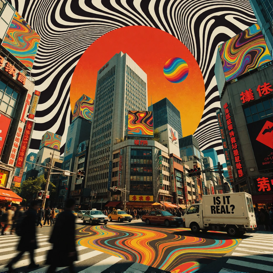 Psychedelic analog collage poster of a dense Japanese metropolitan district reminiscent of Shinjuku Tokyo, drenched in a warm vintage amber-and-gold c