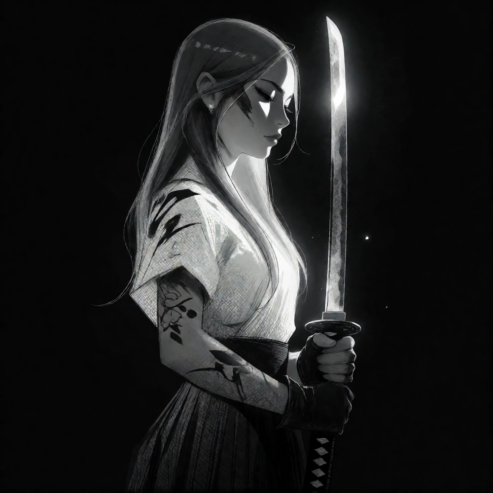 Monochrome portrait of a woman in profile, lit by single-source sidelight that casts sharp shadows across her face, emphasizing a diagonal scar across her cheekbone. She holds an unsheathed katana vertically beside her body, blade catching rim-light.