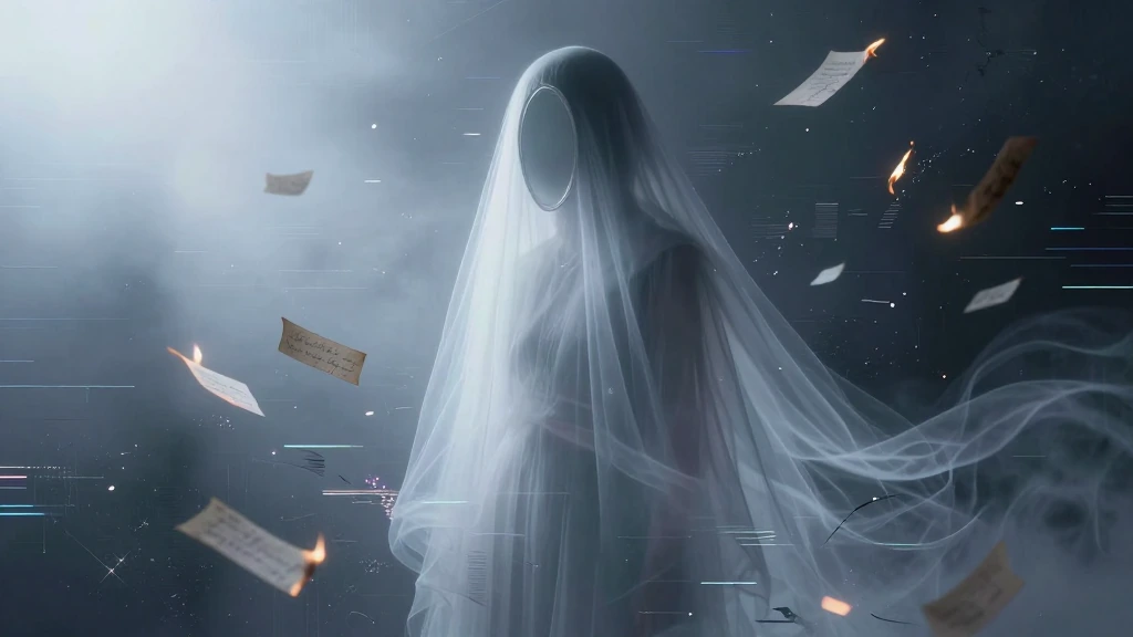 Ghostly abstract silhouette of an ex-lover made of pale translucent mist and faint memories, face replaced by an empty oval mirror reflecting nothing,