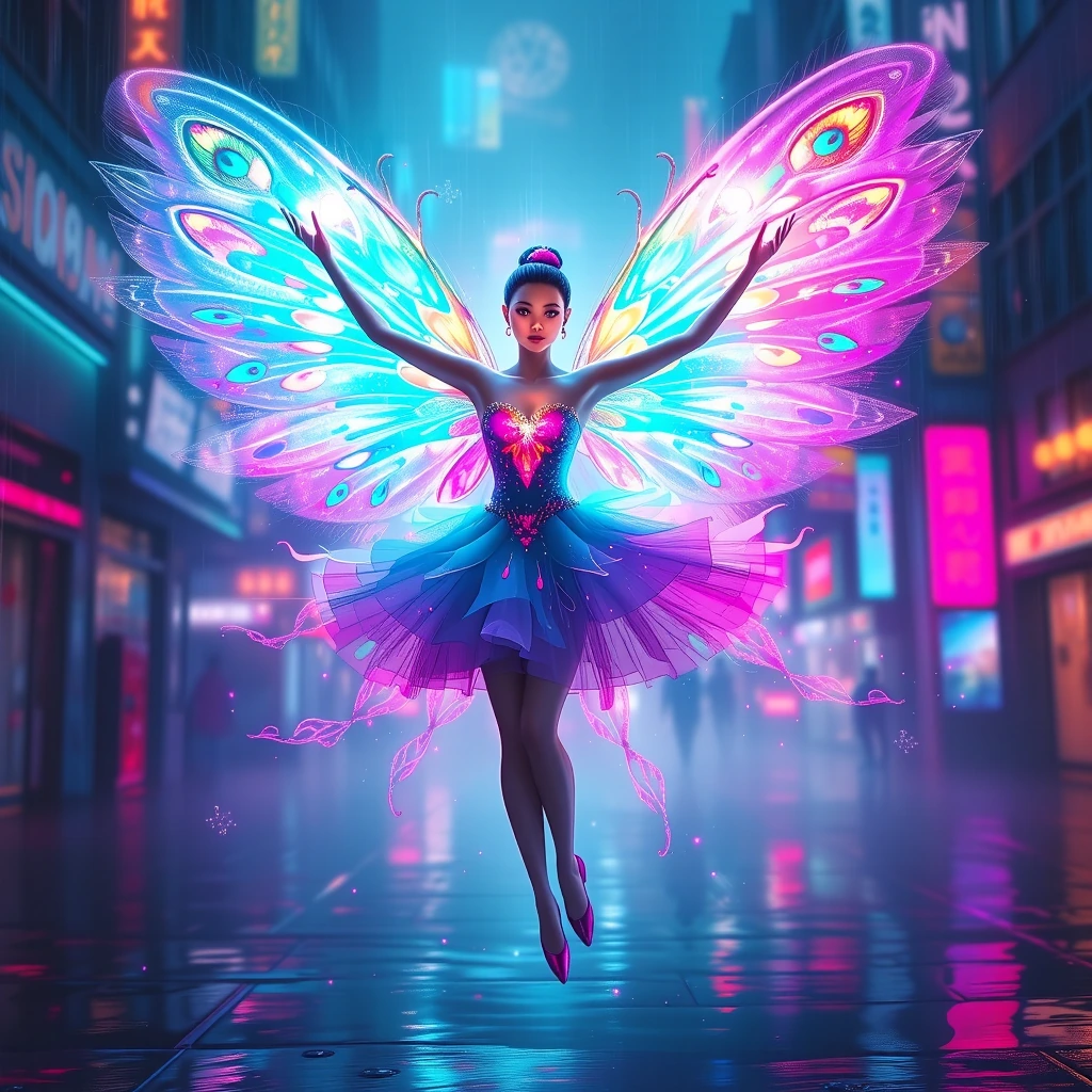 Ethereal ballerina fairy, iridescent peacock wings shimmering emerald-to-violet, luminous amber eyes, bioluminescent glow, dreamlike magical realism, 