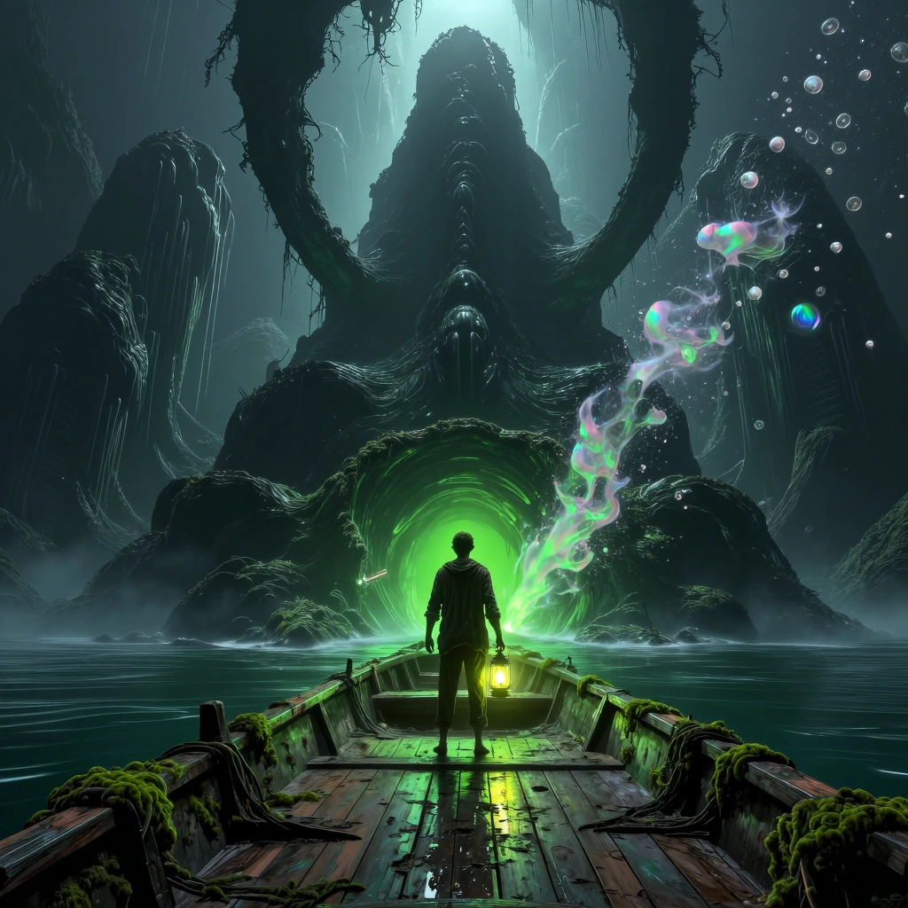 The Breach of R'lyeh: A lone, terrified fisherman, gaunt horror, is illuminated by a sickly glowing green; the low yellow glow of a barnacle-encrusted