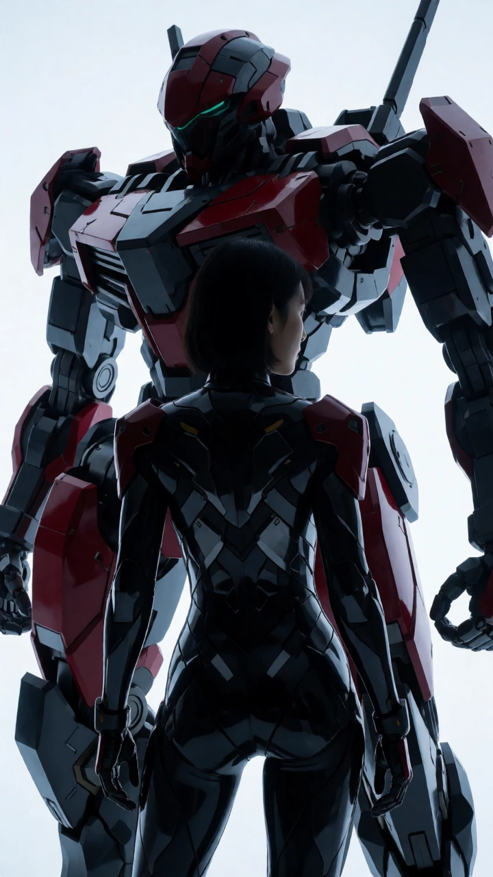 Woman in form-fitting black exosuit with crimson shoulder pauldrons standing before her towering mech in a pure white void, shot from behind with hard rim-lighting in cool blue-gray that halos both figures while their centers stay dark silhouettes, t