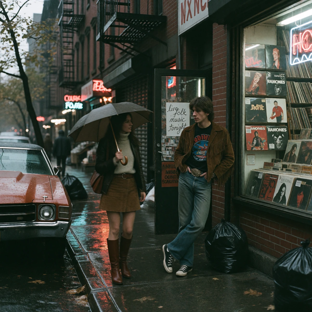 A rainy autumn afternoon on Bleecker Street in Greenwich Village New York City 1976. A 1971 Chevrolet Chevelle SS in faded burnt orange is double-parked outside a cluttered record shop. The sidewalk is wet and reflective, puddles mirroring neon signs