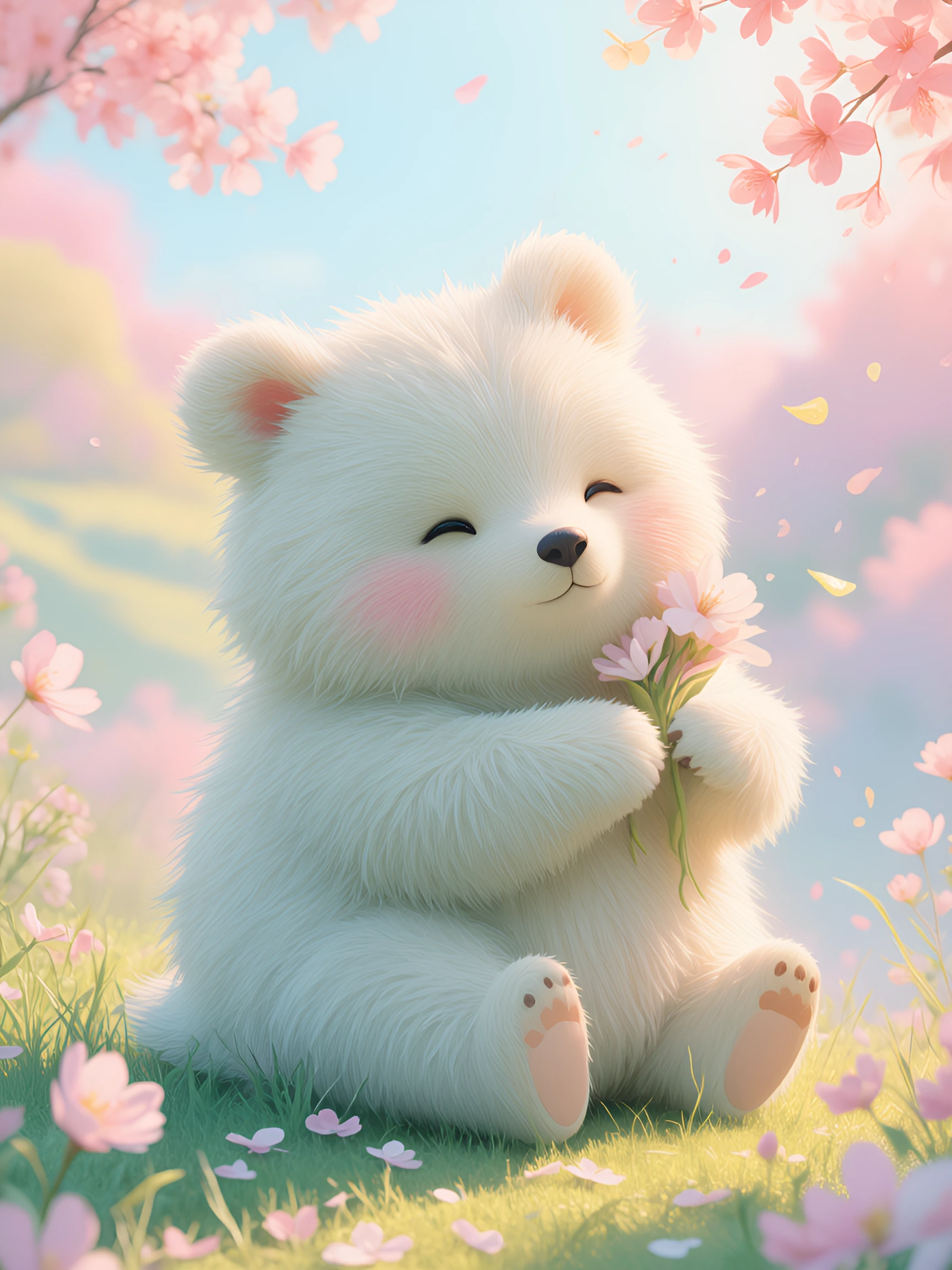 bear cubs at first light, anime-photorealistic blend, cel-shaded with soft realistic textures, springtime setting with cherry blossoms and pastel flowers, golden hour morning light, soft pastel color palette of blush pink, mint green, pale yellow and