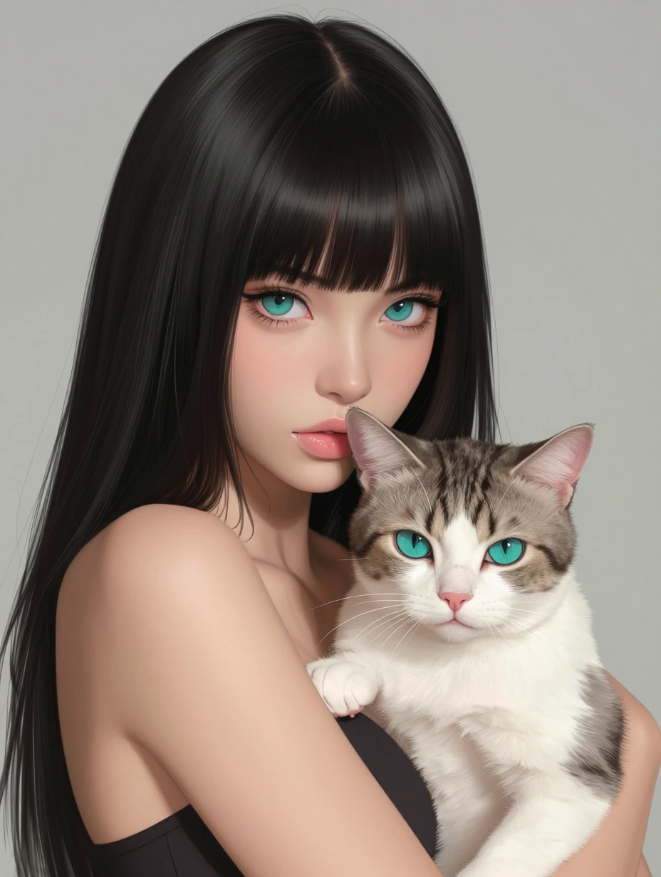 Beautiful 30 year old woman, long straight black hair with bangs, with a cat, bright, turquoise eyes