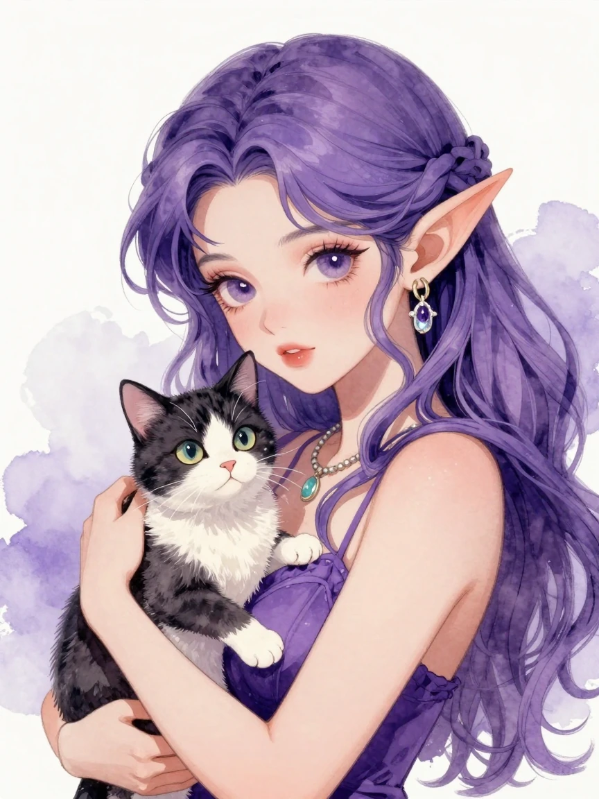 Purple elf woman with a cat, anime realistic watercolor style , beautiful background
