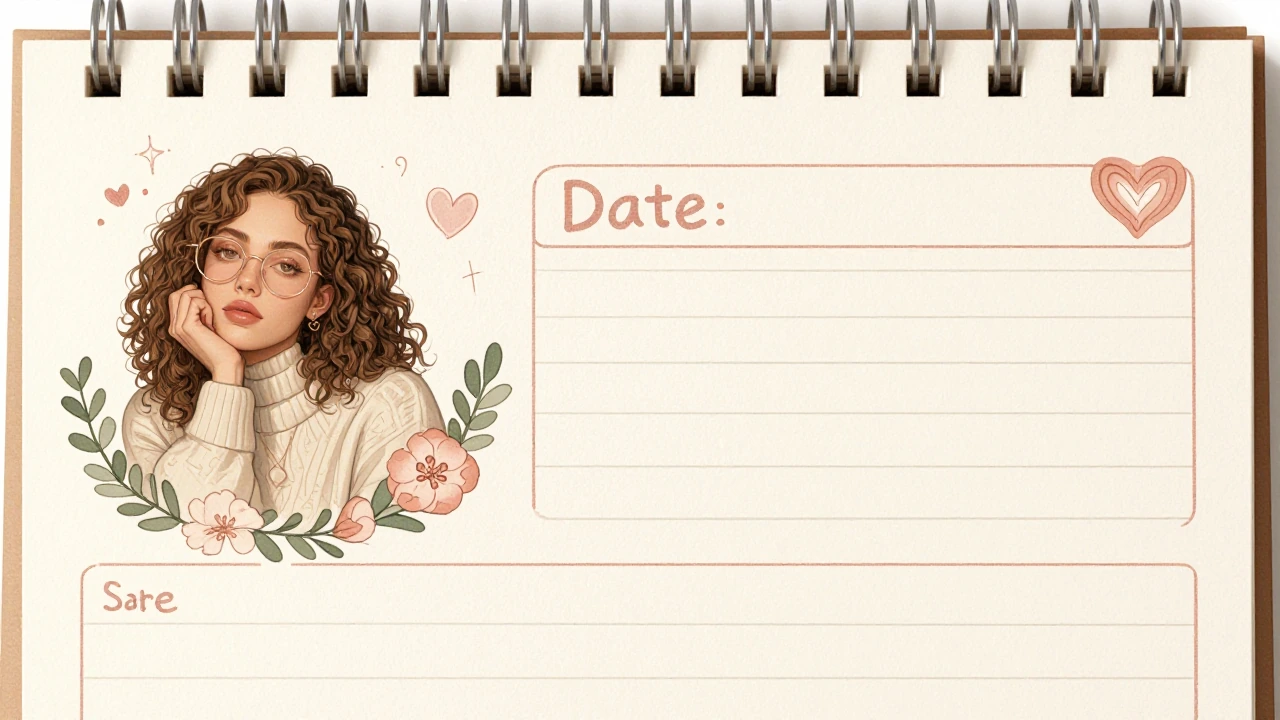 A beautiful aesthetic digital planner page on cream textured paper with a spiral binding at the top. The page is designed with a blend of realistic watercolor illustrations and cute sketches, all in soft pastel pink, sage green, and sepia tones. In t