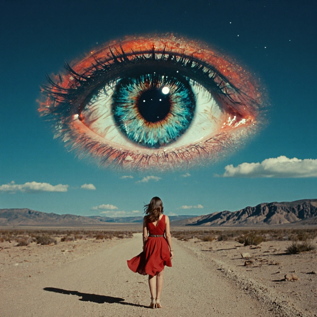 ArsMovieStill, movie still from a 60s psychedelic movie, A woman with light brown hair in a red dress stands on a dirt path in a vast desert landscape under a starry night sky. She faces away from the viewer, looking towards a giant eye that dominate