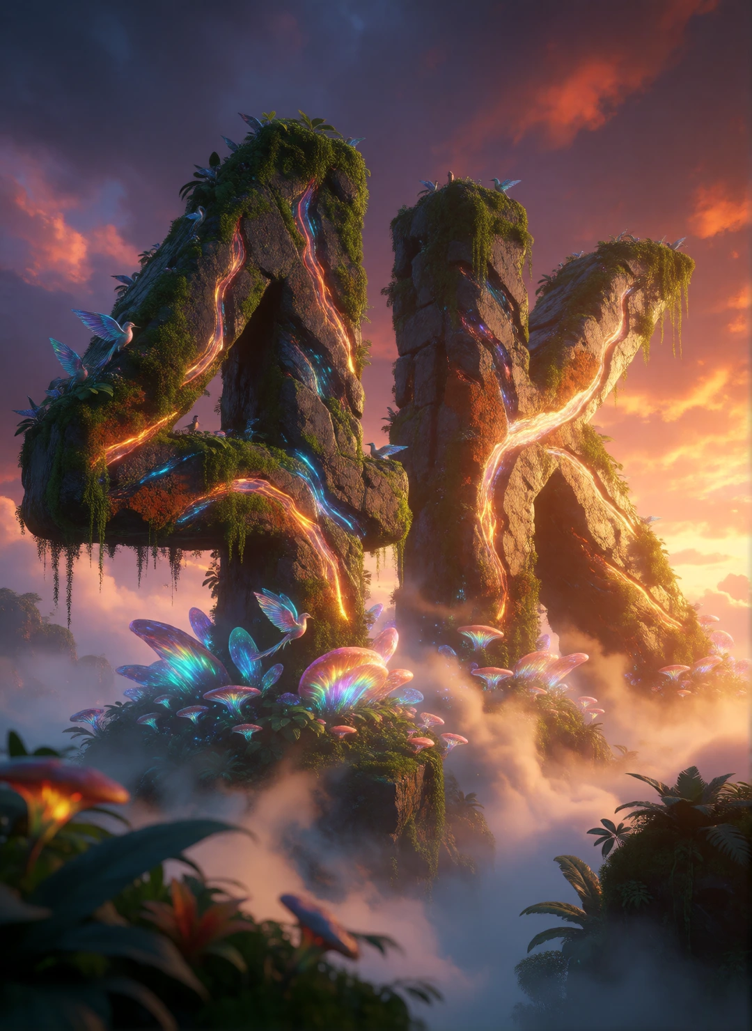 Render the numerals "4K" as colossal ancient stone monoliths rising from a misty primordial jungle at golden hour, each character carved from weathered obsidian and granite, streaked with glowing molten veins of amber and cobalt that pulse with inner