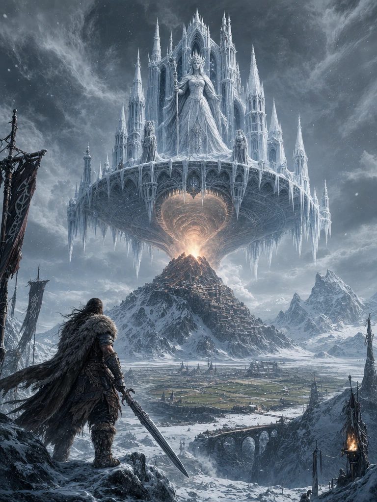 a cathedral of snow that never lands; Sword & Sorcery Fantasy World covered in Ice & Snow. A Volcano rises in the centre of the image, a plume of smoke rises into the sky. Around the volcano the ice and snow melts and a few fields are seen growing cr