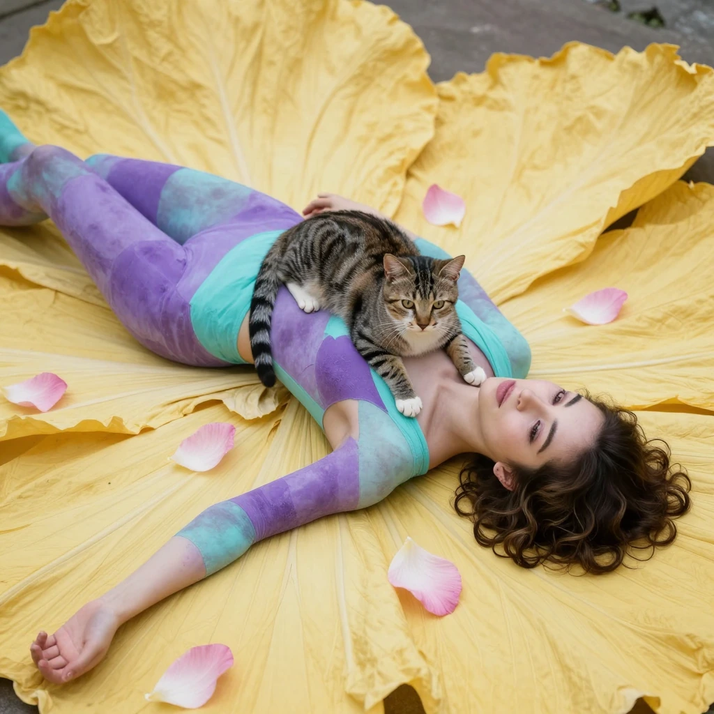 Wide shot of a woman with patchwork skin in purple and aqua tones lying among giant yellow-pink petals with a striped cat resting on her chest, soft fantasy lighting