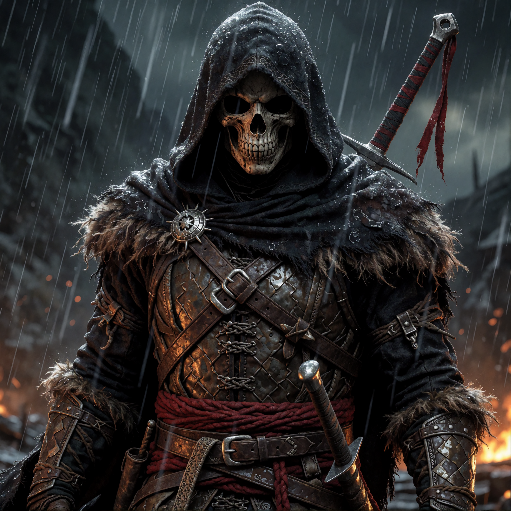 An Apocalyptic Sword & Sorcery World; Raining, A Hooded Ranger with a Skull for a Face.