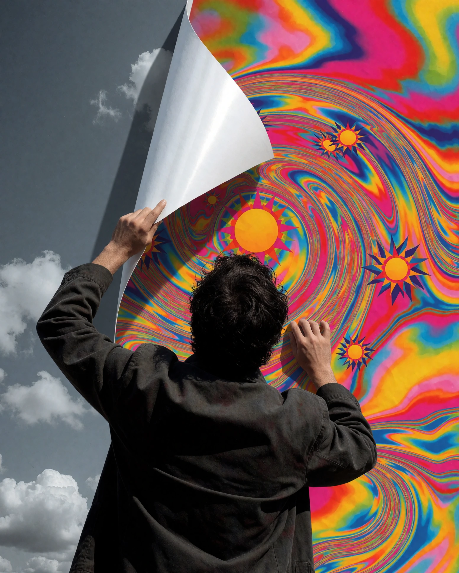 A person peeling back the sky like a sticker, and behind it is a second, louder sky swirling tiedye of every hot color, with geometric suns. The "real" side is dull grey; the revealed side bleeds saturation into the grey world at the edges. Surreal p