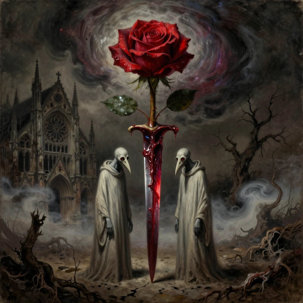 A surreal dark fantasy oil painting in the style of Zdzisław Beksiński, vertical composition, a giant crimson rose blooming at the top with its stem transforming into a fleshy, organic dagger or sword blade pointing downward, the blade glistens with