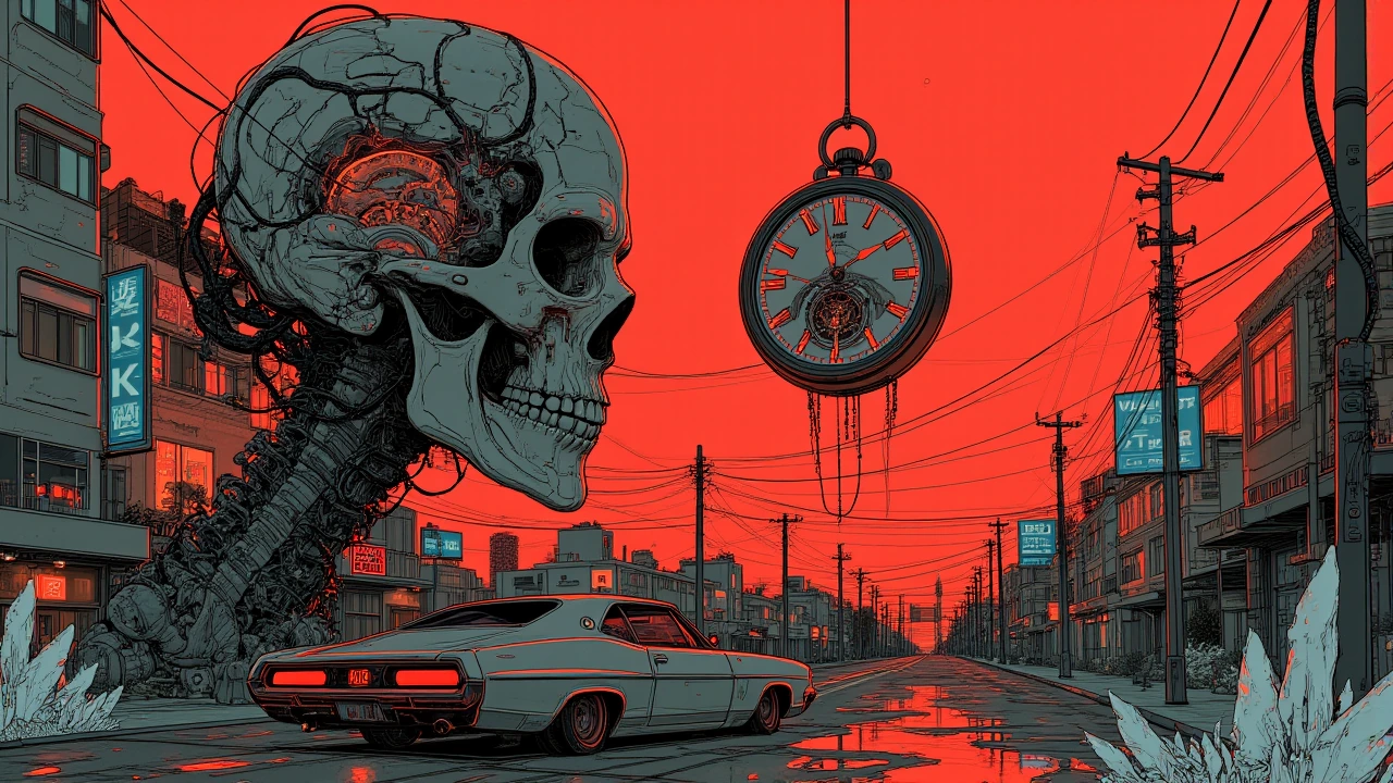 16:9 keyframe, high-grade illustration mixed with raw hand-drawn animation, bold imperfect black lines, avant-garde graphic style locked 1:1 to the provided sref --sref 576308262 --p dg2k8l2 Theme: “take your time tick tick” A single dense, cinematic