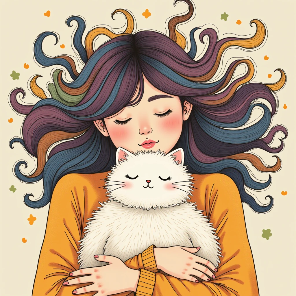 Illustration of a woman in her late twenties, with voluminous, artistic hair composed of flowing swirls and curls rendered like expressive brushstrokes in multiple colors—blues, purples, golds, and warm tones blending together. Her hair moves with dy